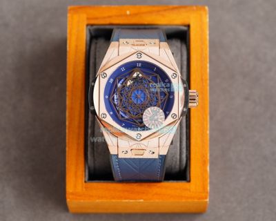 Replica Hublot Big Bang Sang Bleu Rose Gold Watch Blue Dial Blue Gummy Strap 45MM